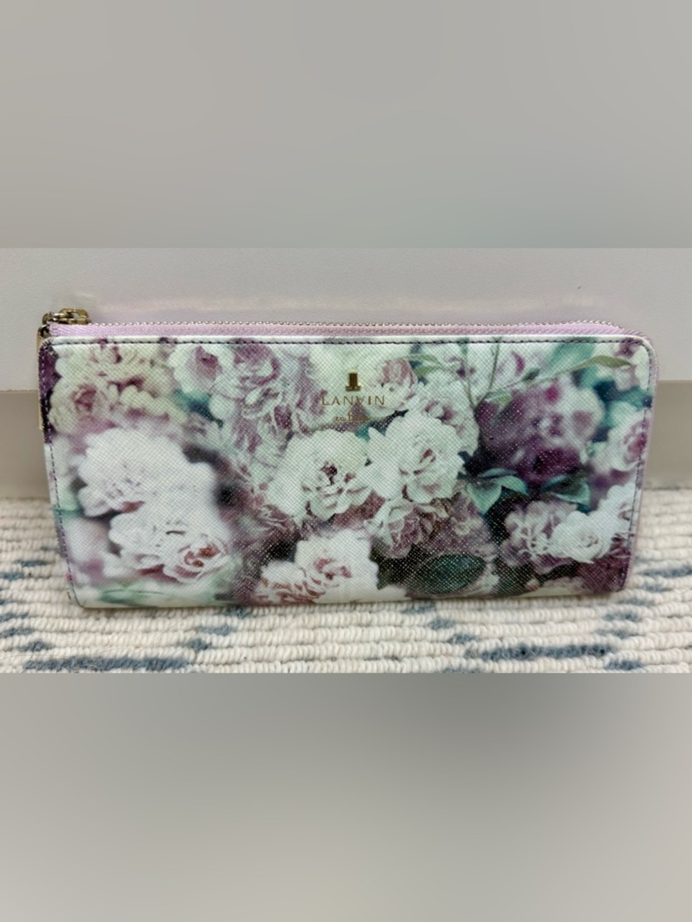LANVIN En Bleu Lavender Floral Print Leather L-Shaped Zip Long Wallet/Clutch